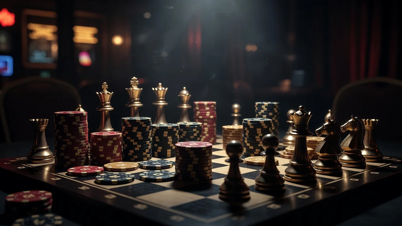 Шахматни фигури на тъмна дъска до казино чипове